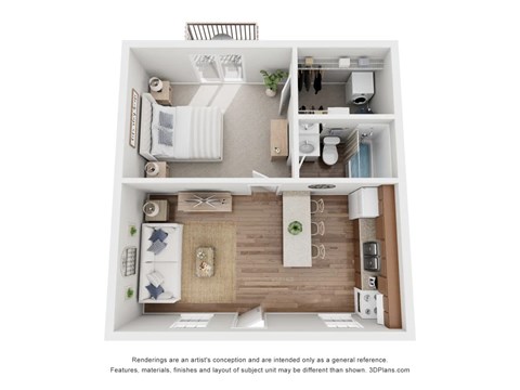 A 3D floor plan of a small apartment with a kitchen, living room, and bathroom.